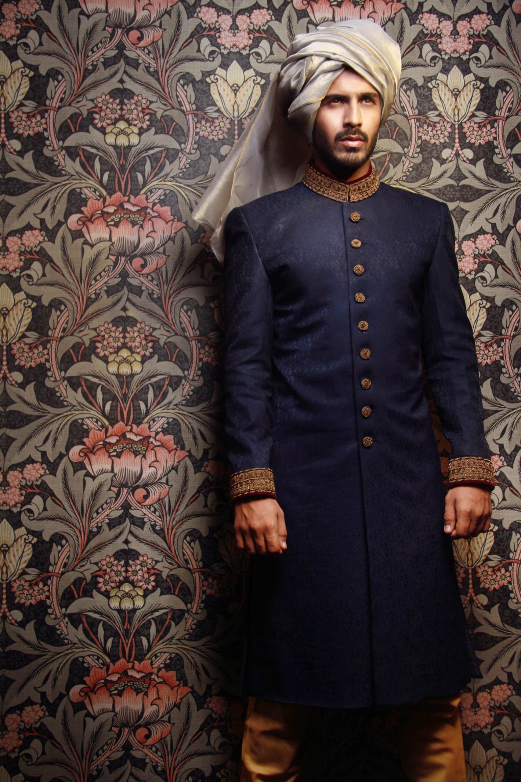 Denim Blue Embroidered Jacquard Sherwani (2-Piece) - Image 1