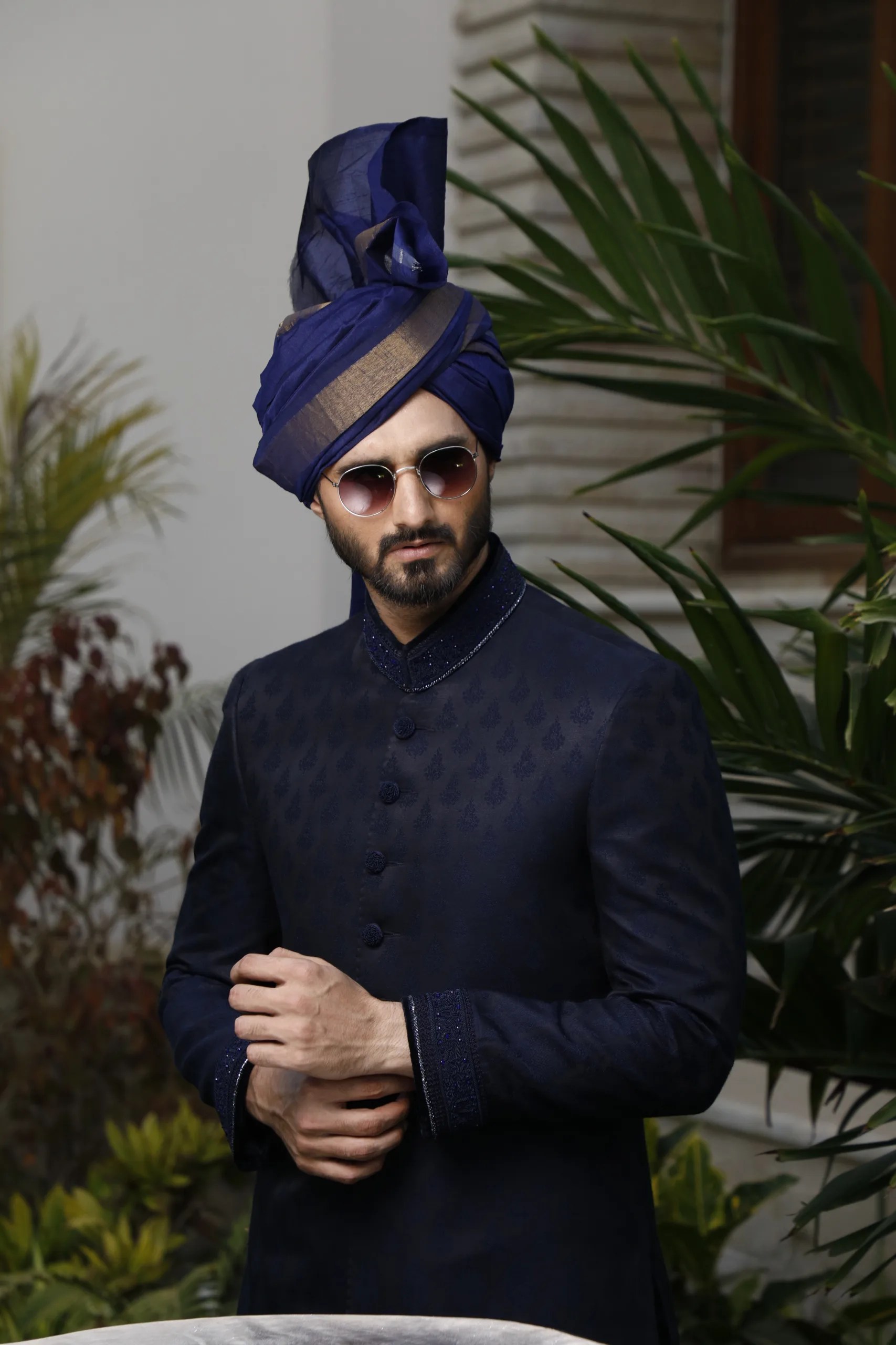 Royal Blue Jacquard Groom Sherwani (2-Piece) - Image 1