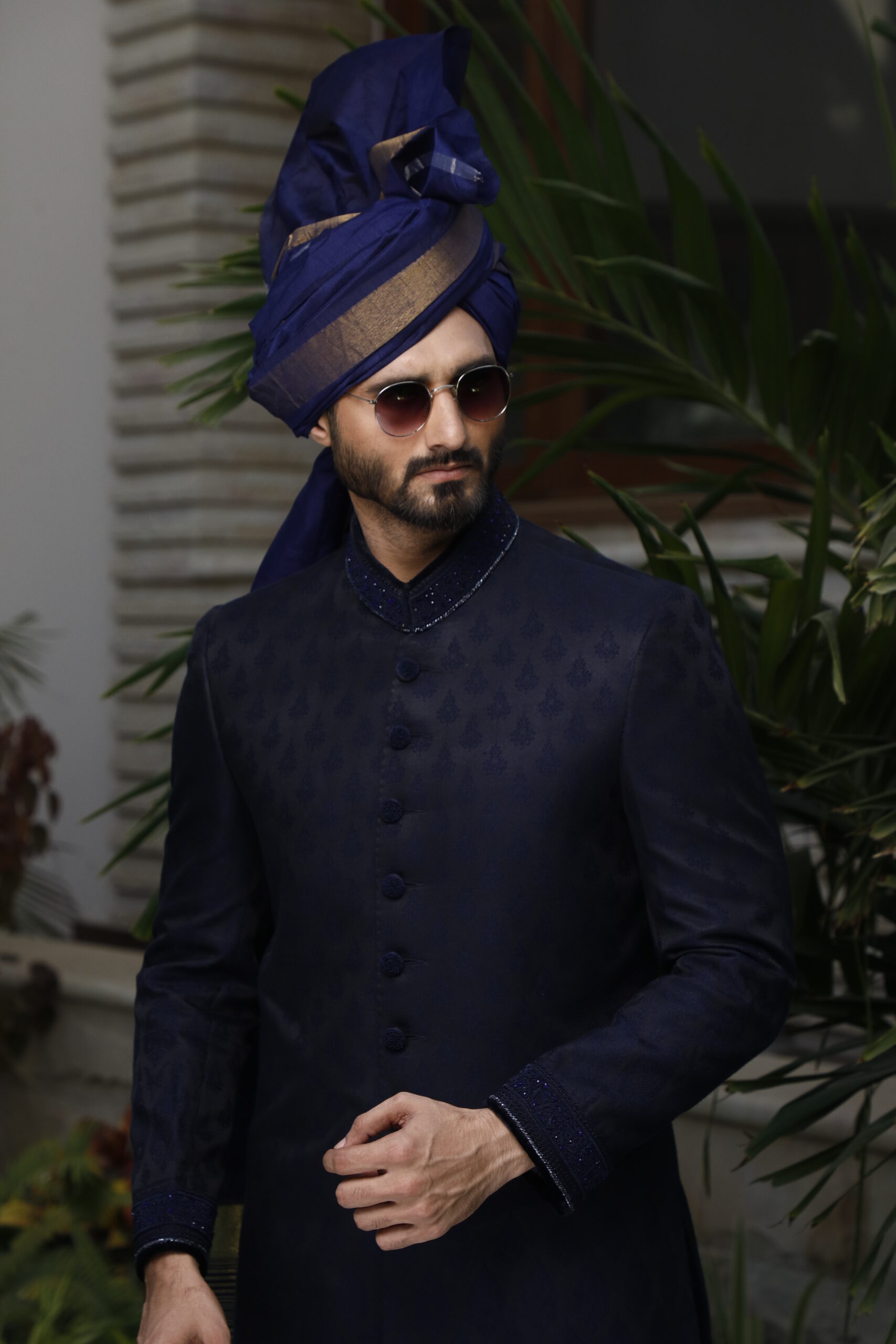 Royal Blue Jacquard Groom Sherwani (2-Piece) - Image 2