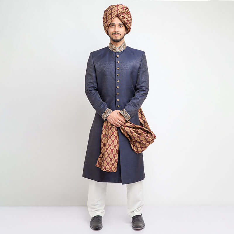 Midnight Blue Zardozi Pure Jamavar Groom Sherwani (3-Piece) - Image 1