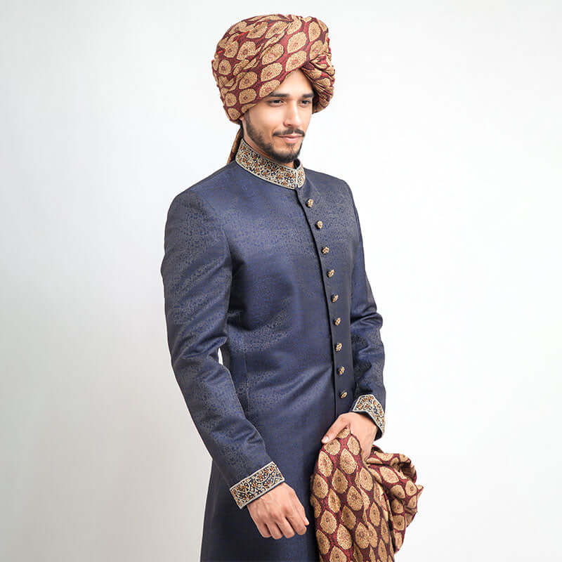 Midnight Blue Zardozi Pure Jamavar Groom Sherwani (3-Piece) - Image 3