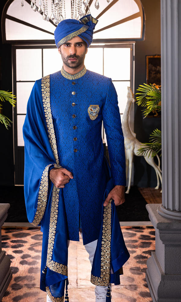 Royal Blue Gold Embroidered Jamawar Groom Sherwani (4-Piece) - Image 2