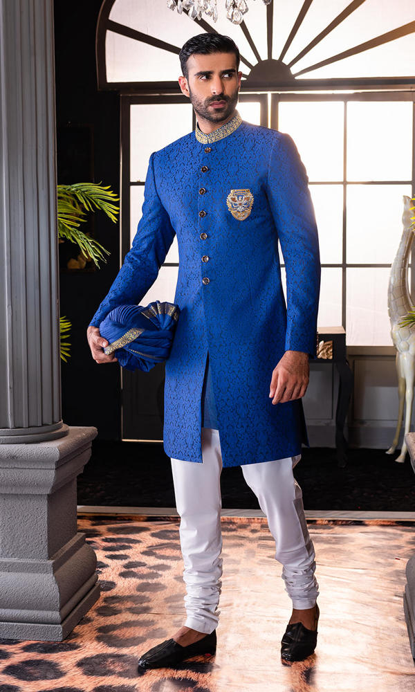 Royal Blue Gold Embroidered Jamawar Groom Sherwani (4-Piece) - Image 4