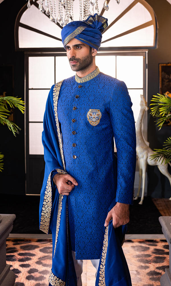 Royal Blue Gold Embroidered Jamawar Groom Sherwani (4-Piece) - Image 5