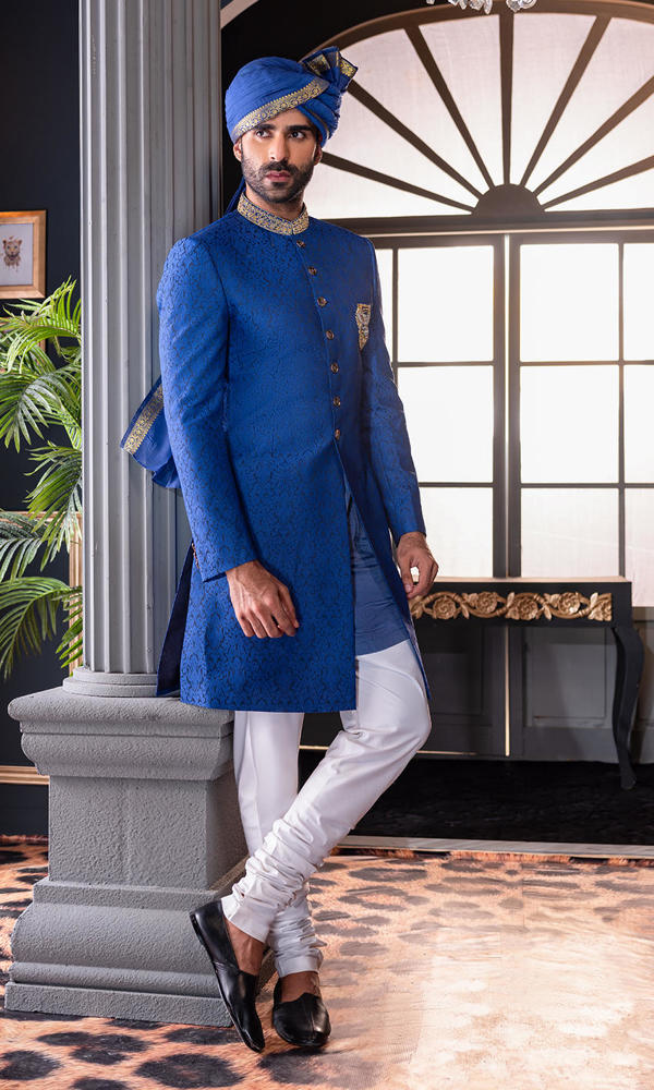 Royal Blue Gold Embroidered Jamawar Groom Sherwani (4-Piece) - Image 6