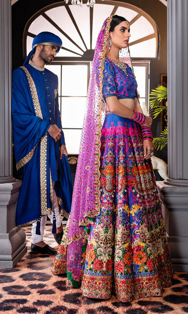 Royal Blue Gold Embroidered Jamawar Groom Sherwani (4-Piece) - Image 8