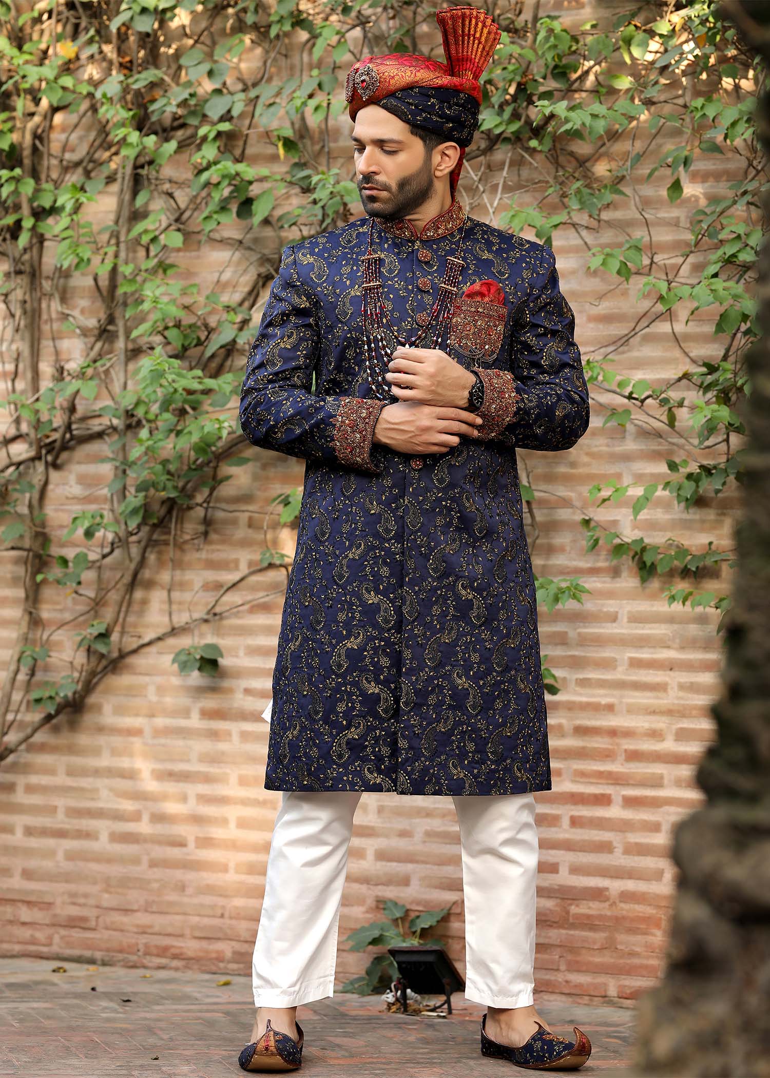 Royal Blue Hand-Embroidered Jamawar Sherwani (5-Piece) - Image 1