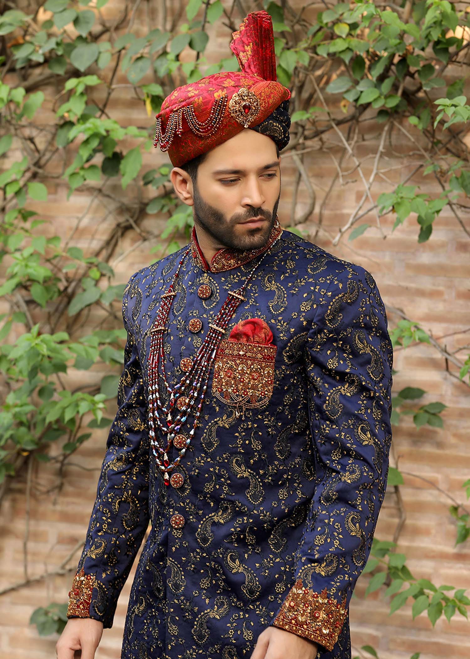 Royal Blue Hand-Embroidered Jamawar Sherwani (5-Piece) - Image 2