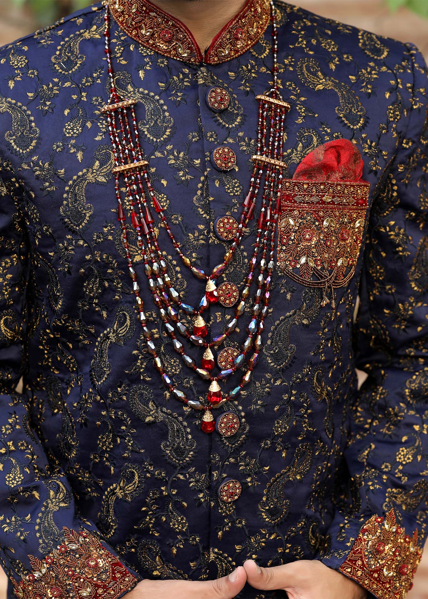 Royal Blue Hand-Embroidered Jamawar Sherwani (5-Piece) - Image 3