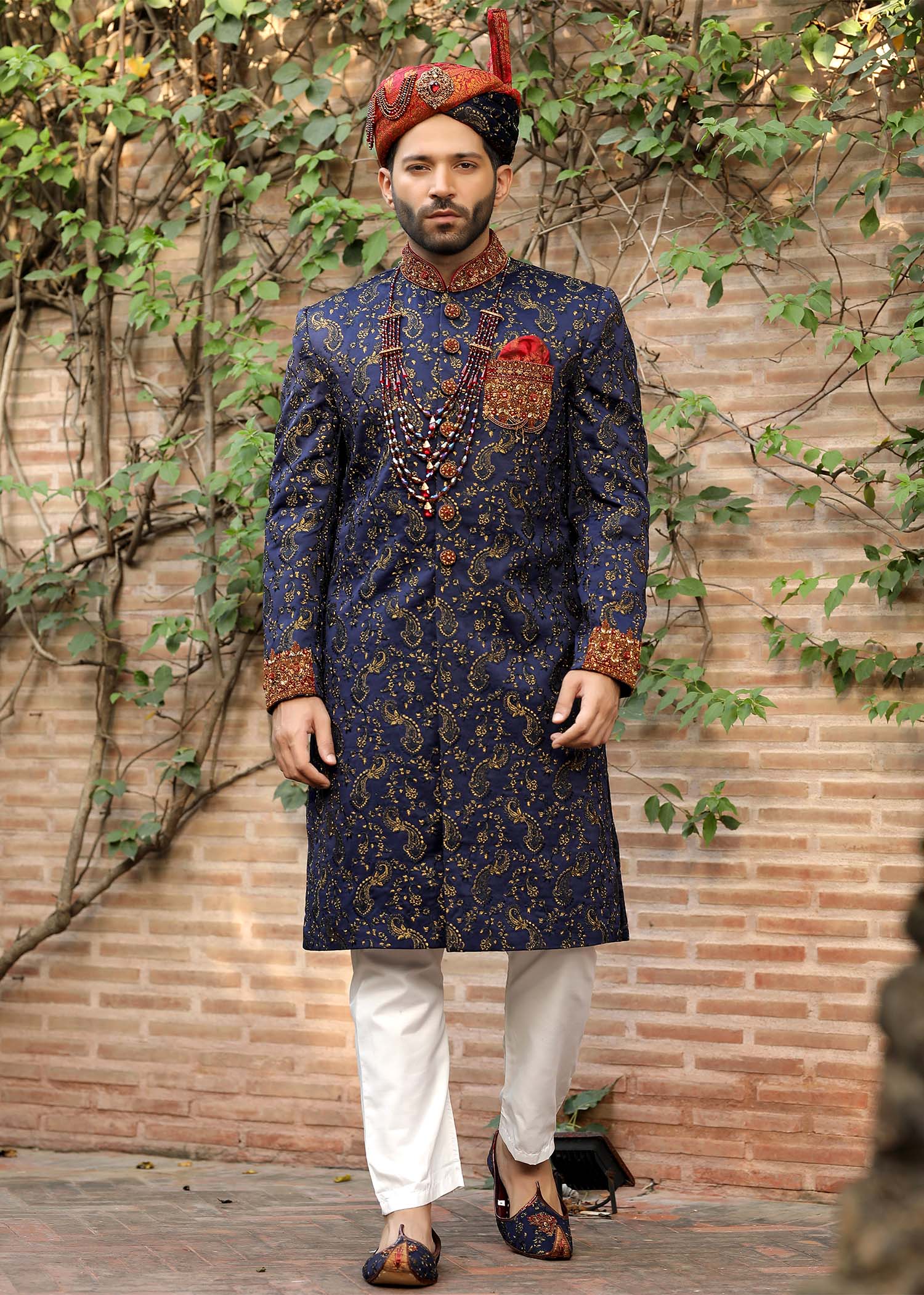 Royal Blue Hand-Embroidered Jamawar Sherwani (5-Piece) - Image 5