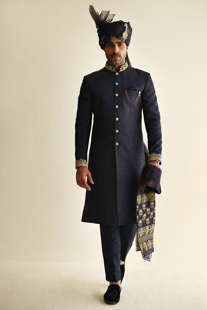 Royal Blue Gold Handwork Jamawar Groom Sherwani (3-Piece) - Image 1
