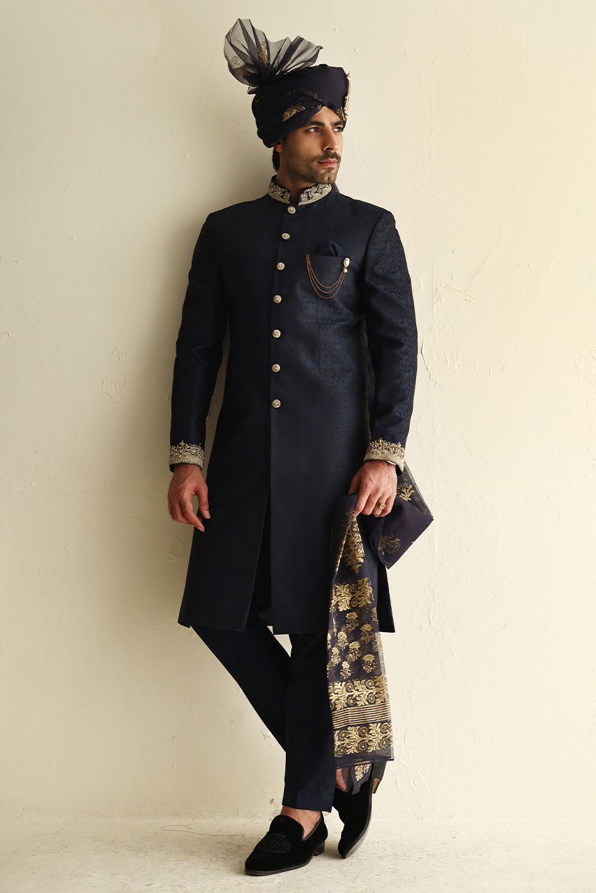 Royal Blue Gold Handwork Jamawar Groom Sherwani (3-Piece) - Image 4