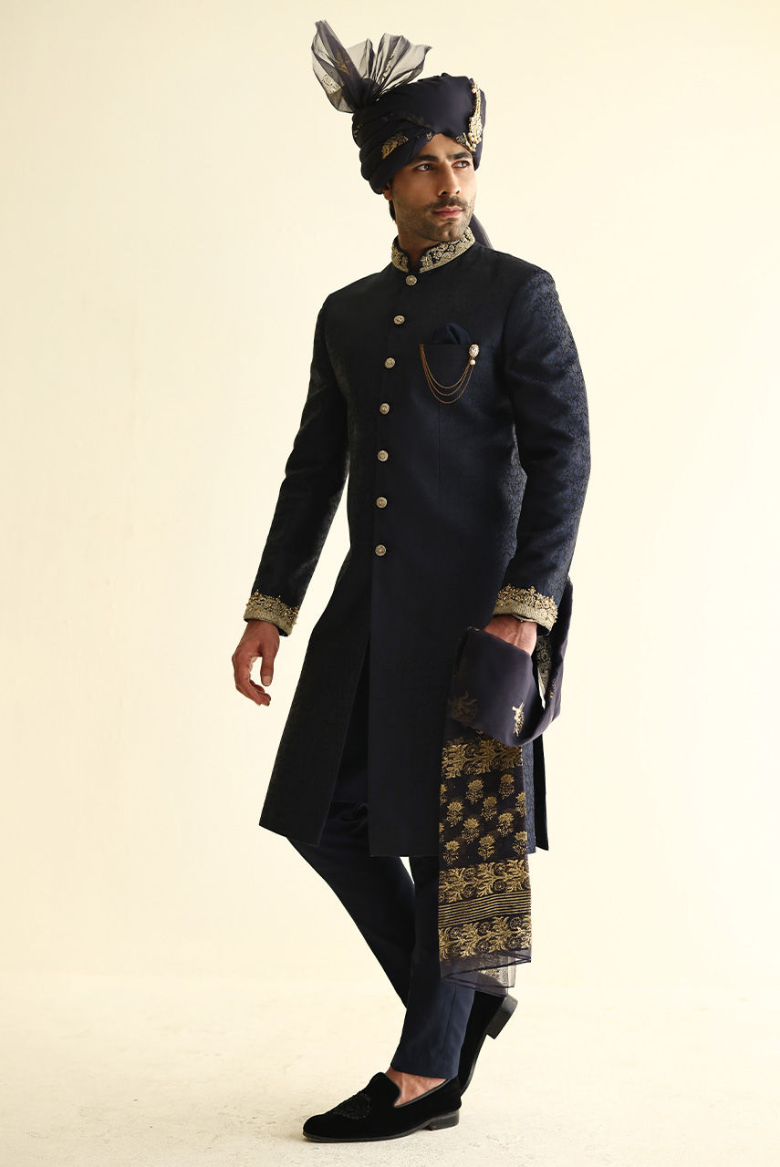 Royal Blue Gold Handwork Jamawar Groom Sherwani (3-Piece) - Image 5