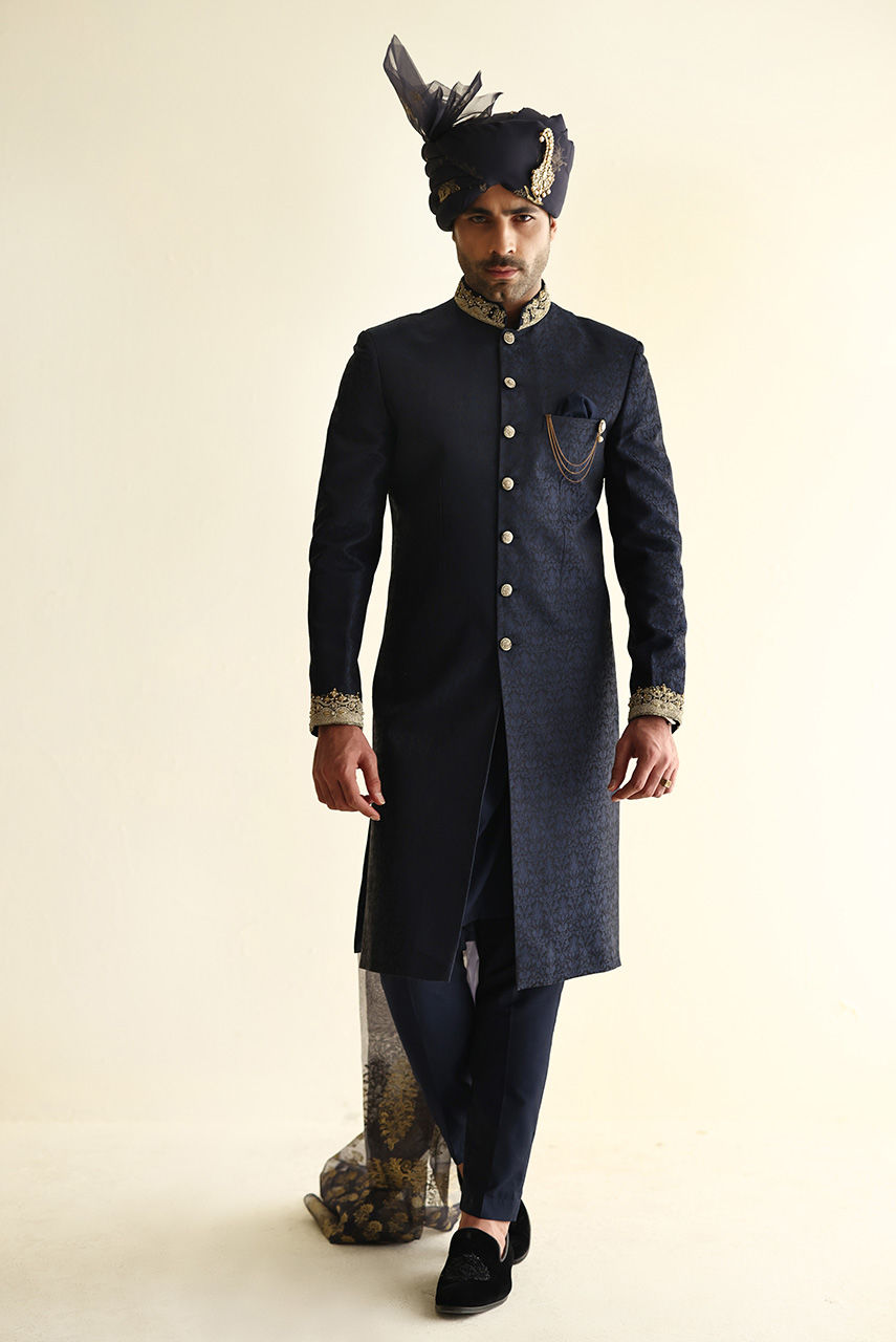 Royal Blue Gold Handwork Jamawar Groom Sherwani (3-Piece) - Image 6