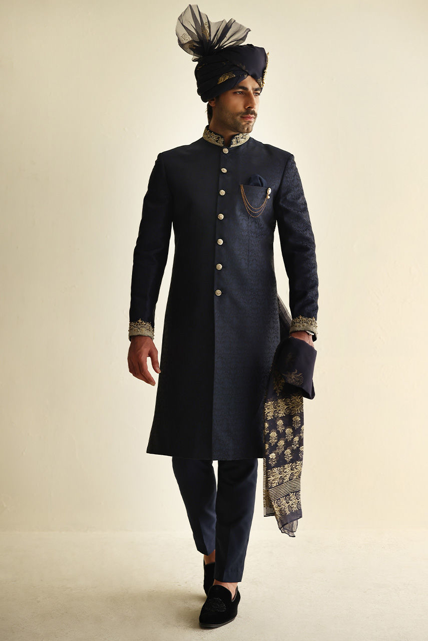Royal Blue Gold Handwork Jamawar Groom Sherwani (3-Piece) - Image 7