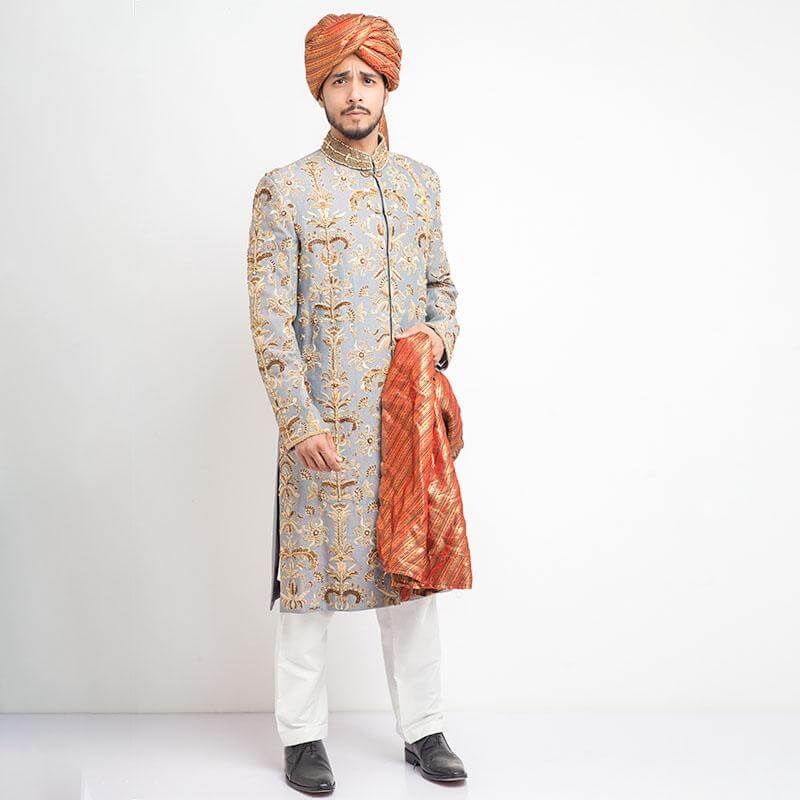Smoky Blue Zardozi Jamavar Groom Sherwani (3-Piece) - Image 1