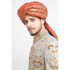 Smoky Blue Zardozi Jamavar Groom Sherwani (3-Piece) - Image 3