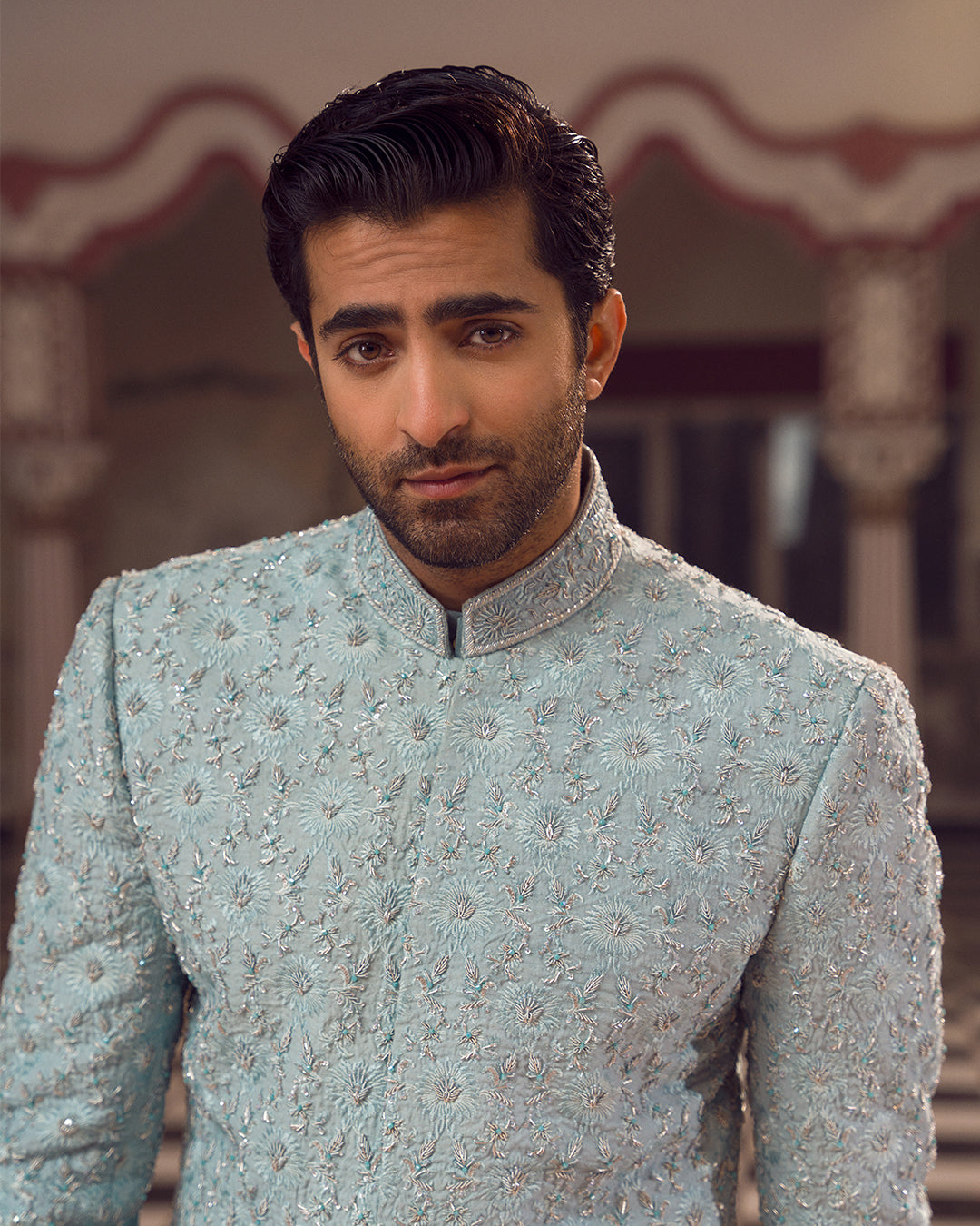 Powder Blue Hand-Embellished Karandi Sherwani (2-Piece) - Image 3