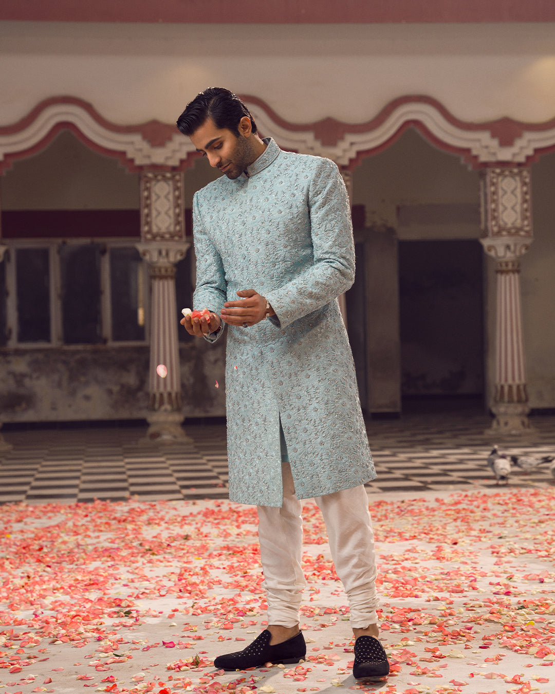Powder Blue Hand-Embellished Karandi Sherwani (2-Piece) - Image 1