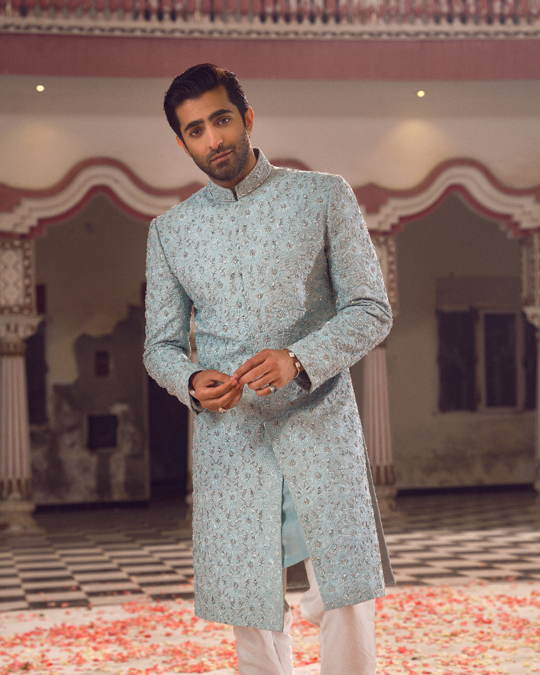 Powder Blue Hand-Embellished Karandi Sherwani (2-Piece) - Image 3