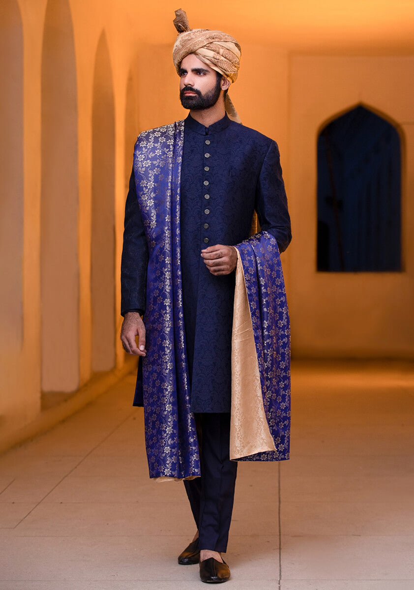 Outer Space Blue Karandi Groom Sherwani (3-Piece) - Image 1