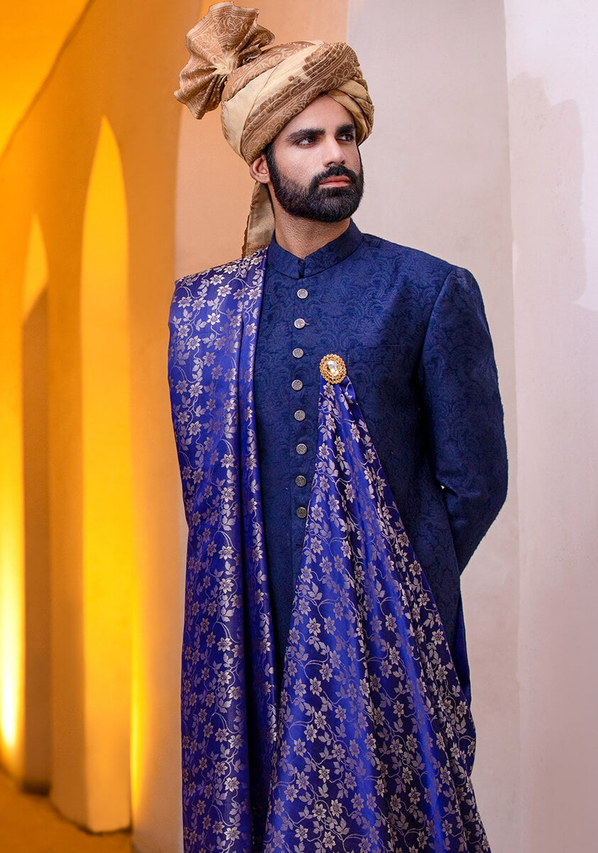Outer Space Blue Karandi Groom Sherwani (3-Piece) - Image 2