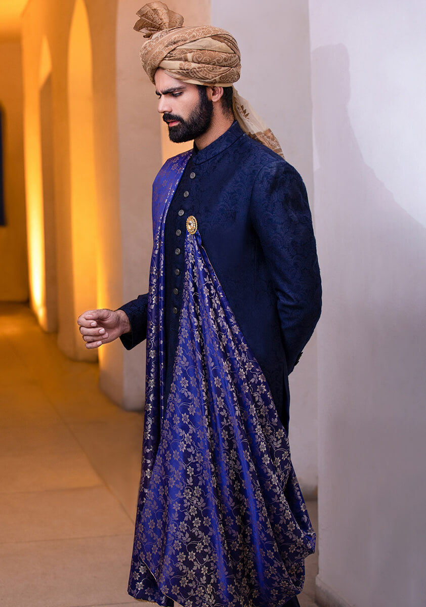 Outer Space Blue Karandi Groom Sherwani (3-Piece) - Image 3