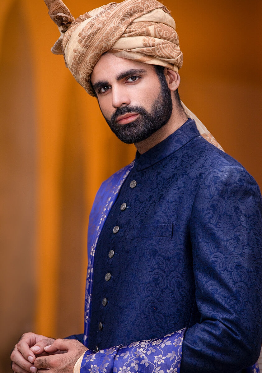 Outer Space Blue Karandi Groom Sherwani (3-Piece) - Image 4