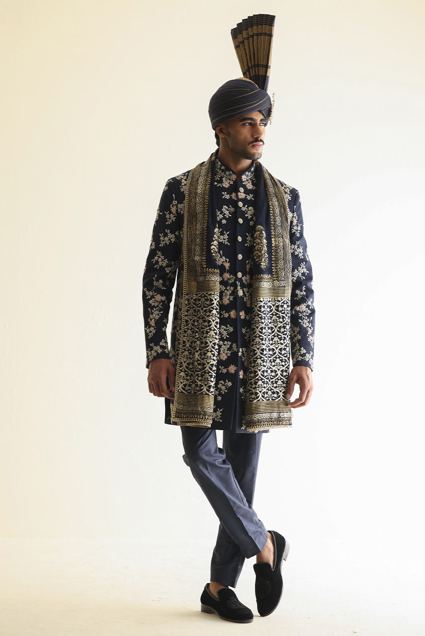 Navy Blue Embroidered Raw Silk Groom Sherwani (3-Piece) - Image 1