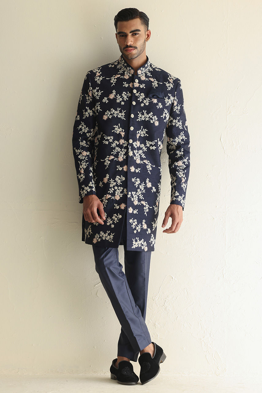 Navy Blue Embroidered Raw Silk Groom Sherwani (3-Piece) - Image 2