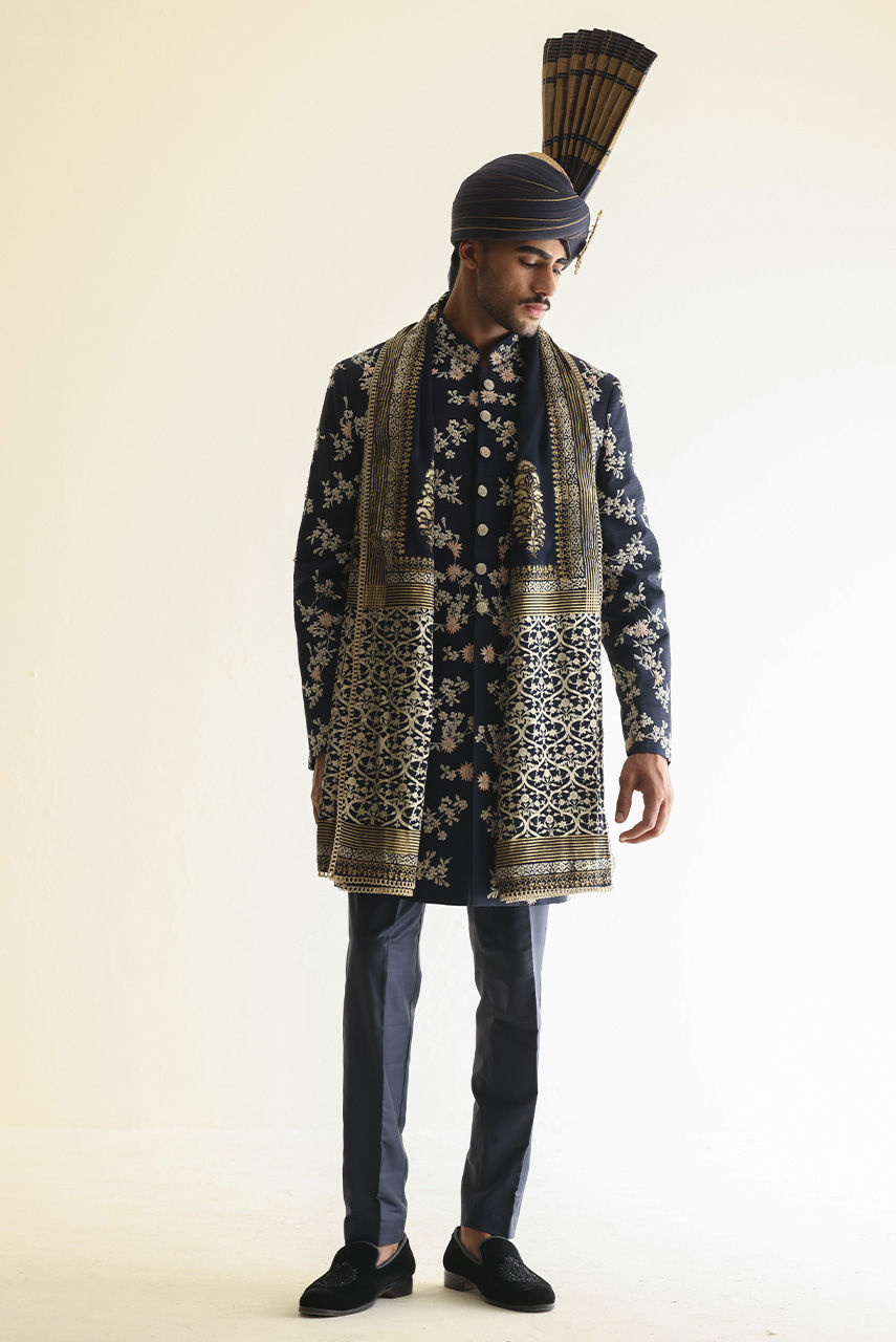 Navy Blue Embroidered Raw Silk Groom Sherwani (3-Piece) - Image 3
