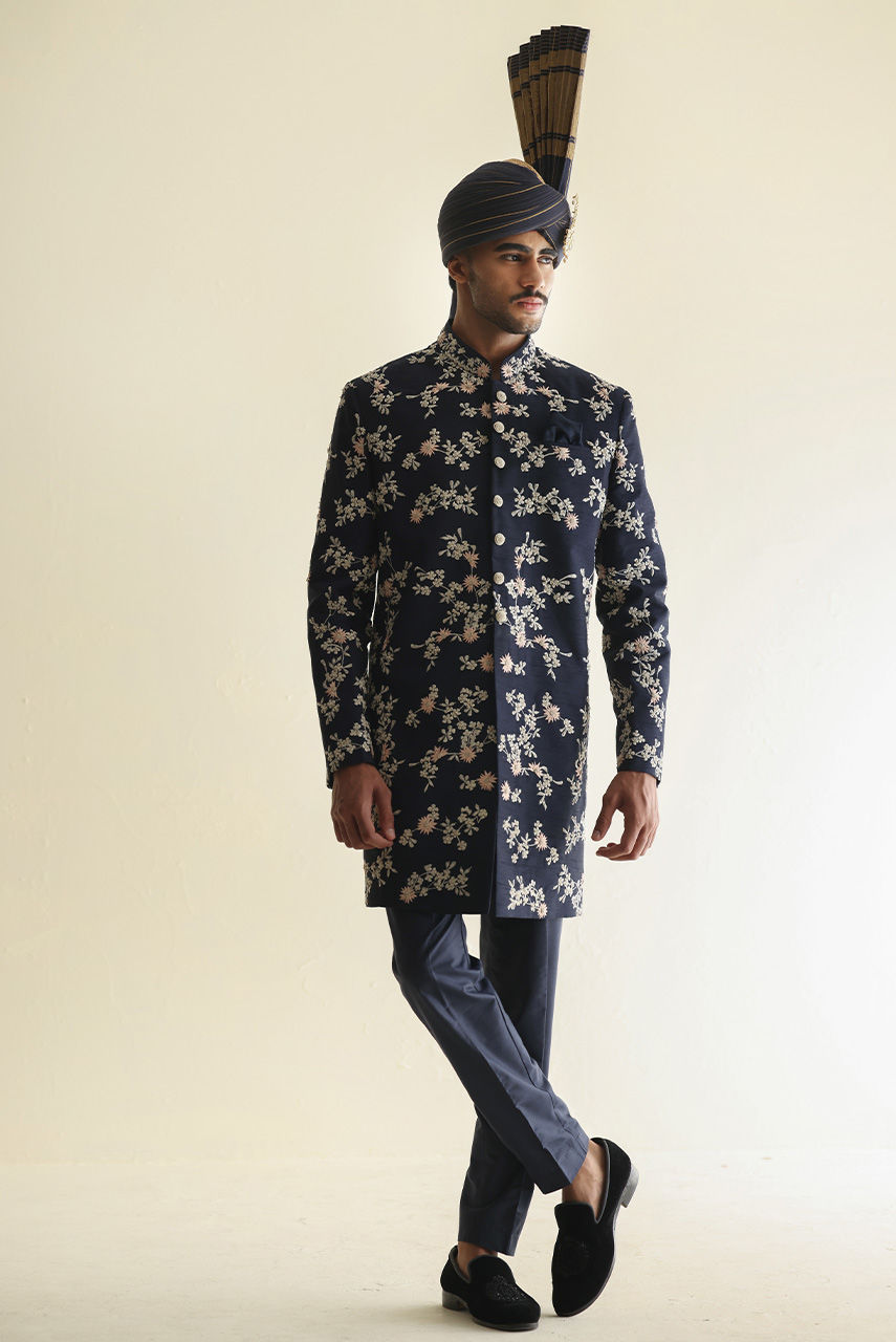 Navy Blue Embroidered Raw Silk Groom Sherwani (3-Piece) - Image 4