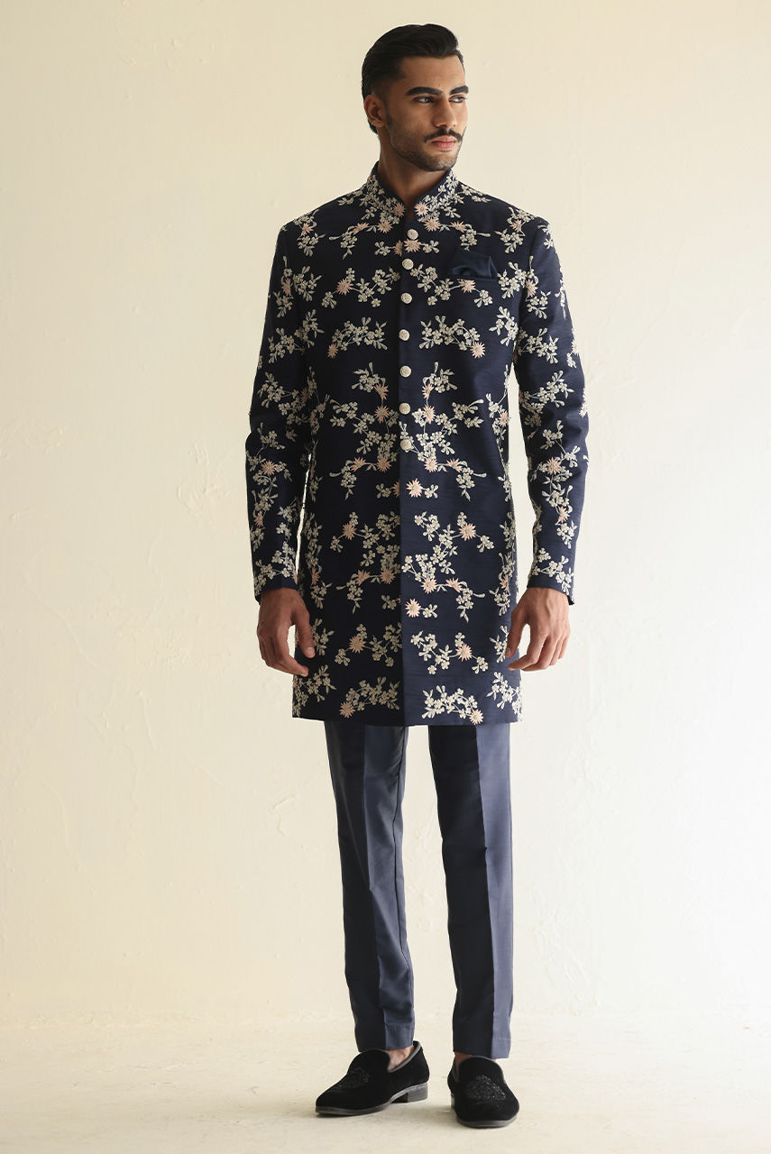 Navy Blue Embroidered Raw Silk Groom Sherwani (3-Piece) - Image 5