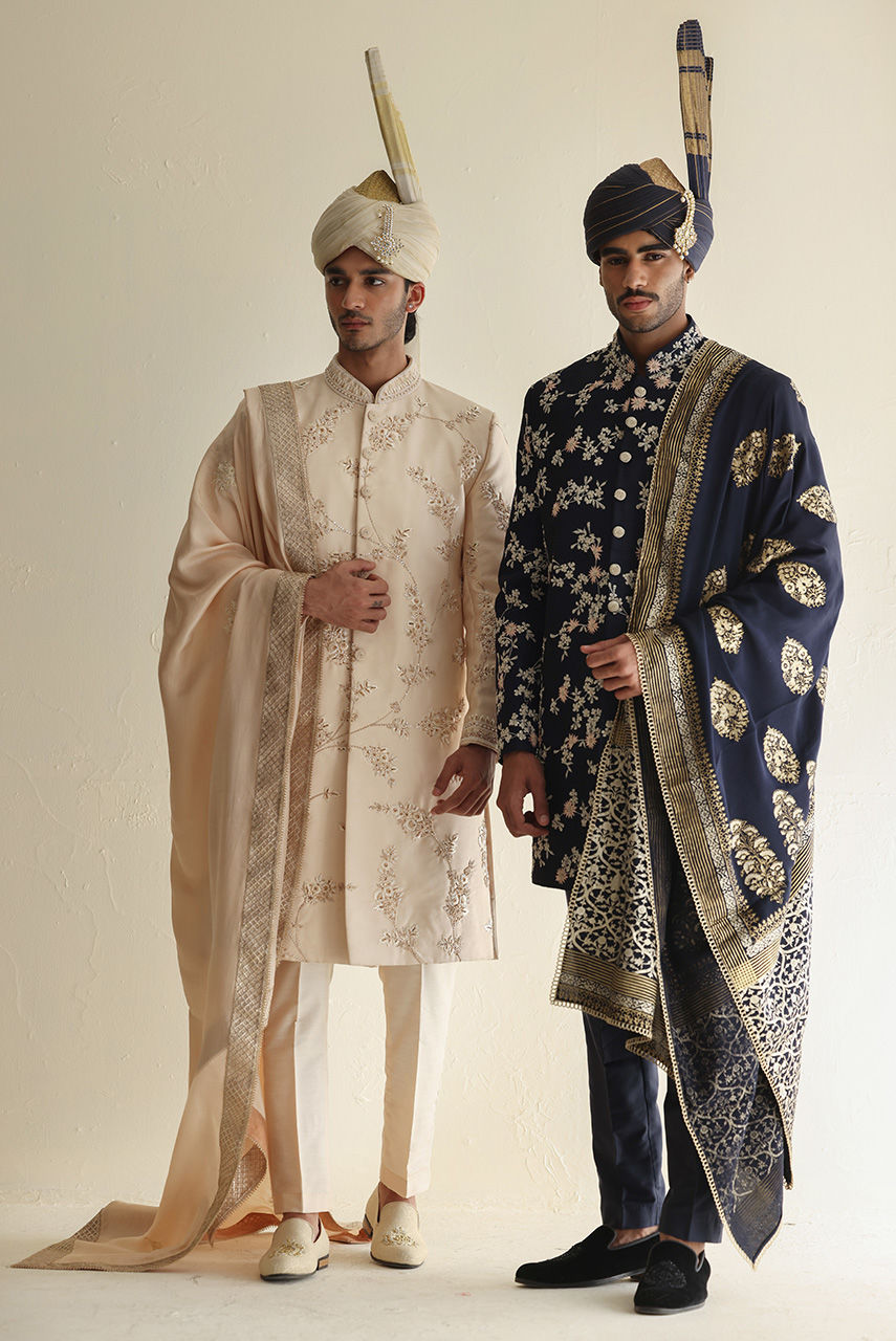 Navy Blue Embroidered Raw Silk Groom Sherwani (3-Piece) - Image 6