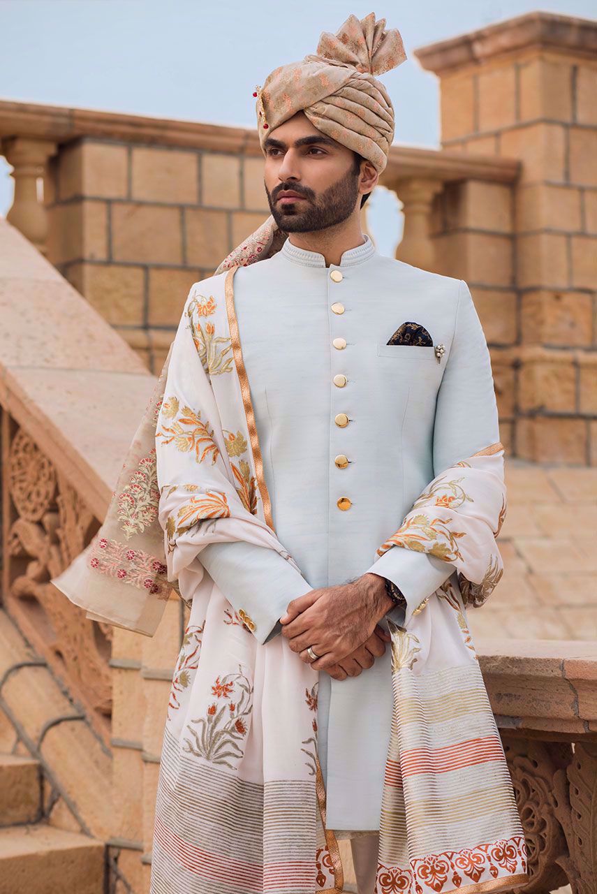Powder Blue Raw Silk Sherwani (3-Piece) - Image 1