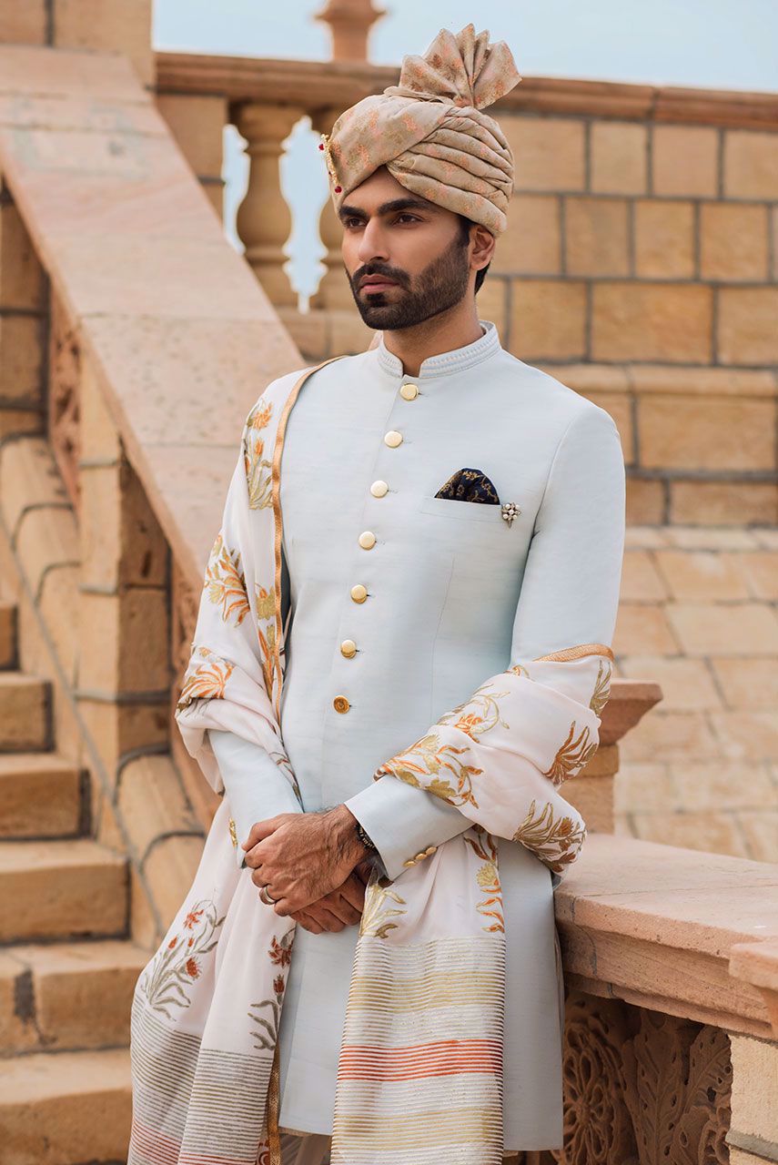 Powder Blue Raw Silk Sherwani (3-Piece) - Image 3