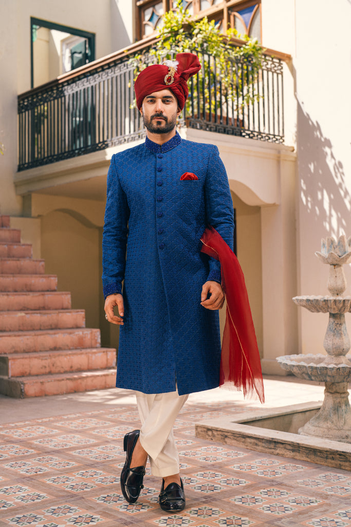 Star Blue Cut Dana Silk-Blend Groom Sherwani (3-Piece) - Image 1