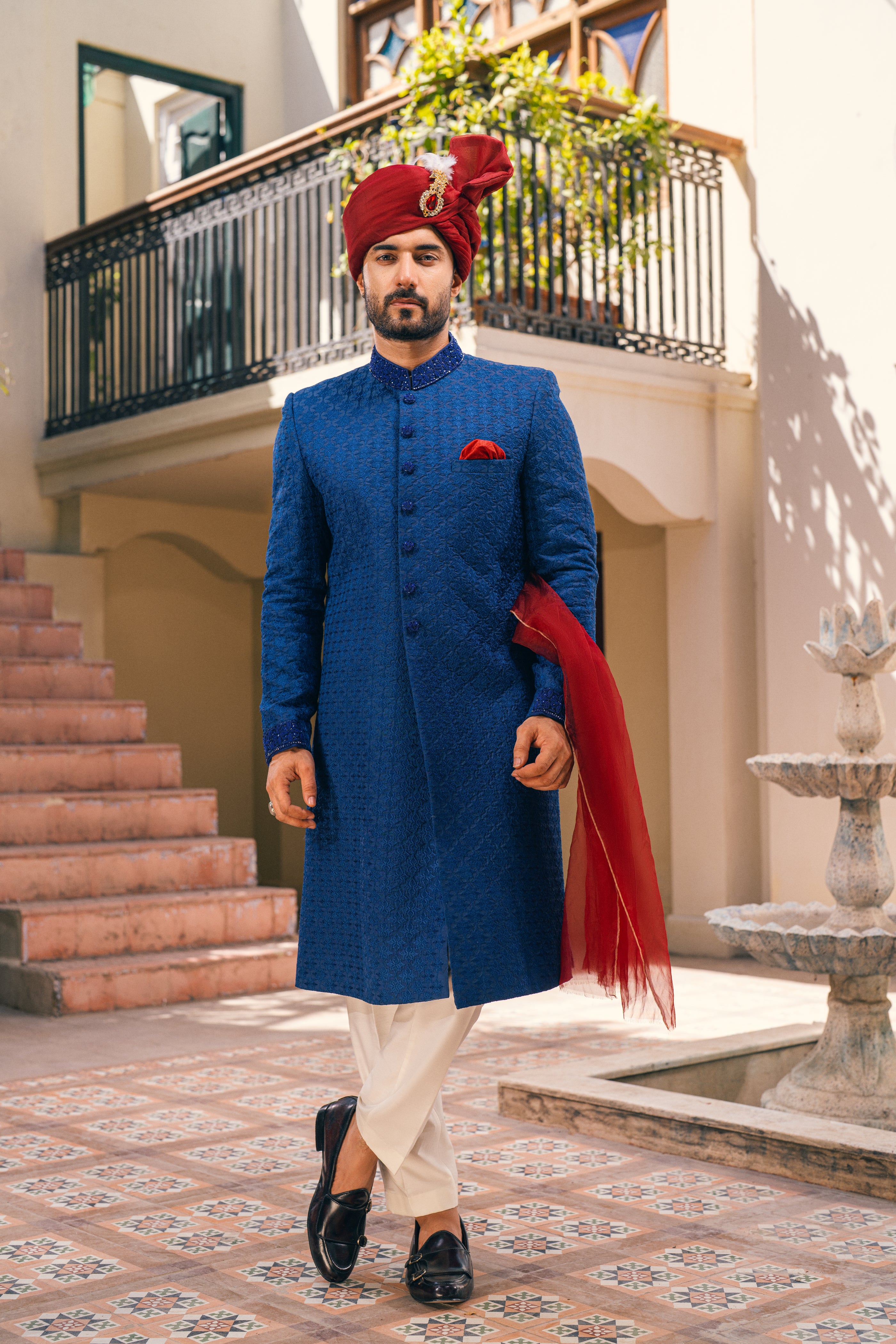 Star Blue Cut Dana Silk-Blend Groom Sherwani (3-Piece) - Image 2