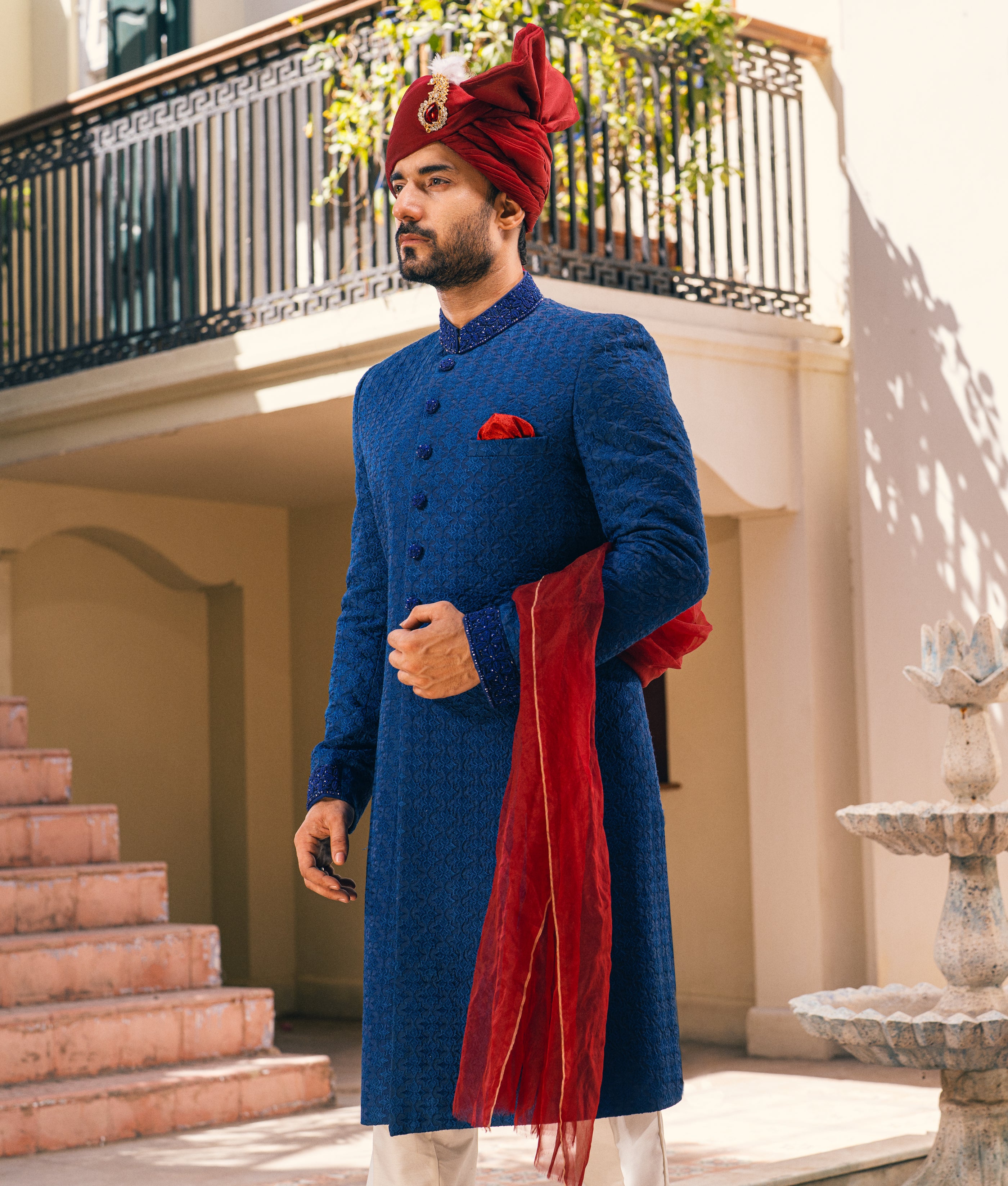 Star Blue Cut Dana Silk-Blend Groom Sherwani (3-Piece) - Image 3