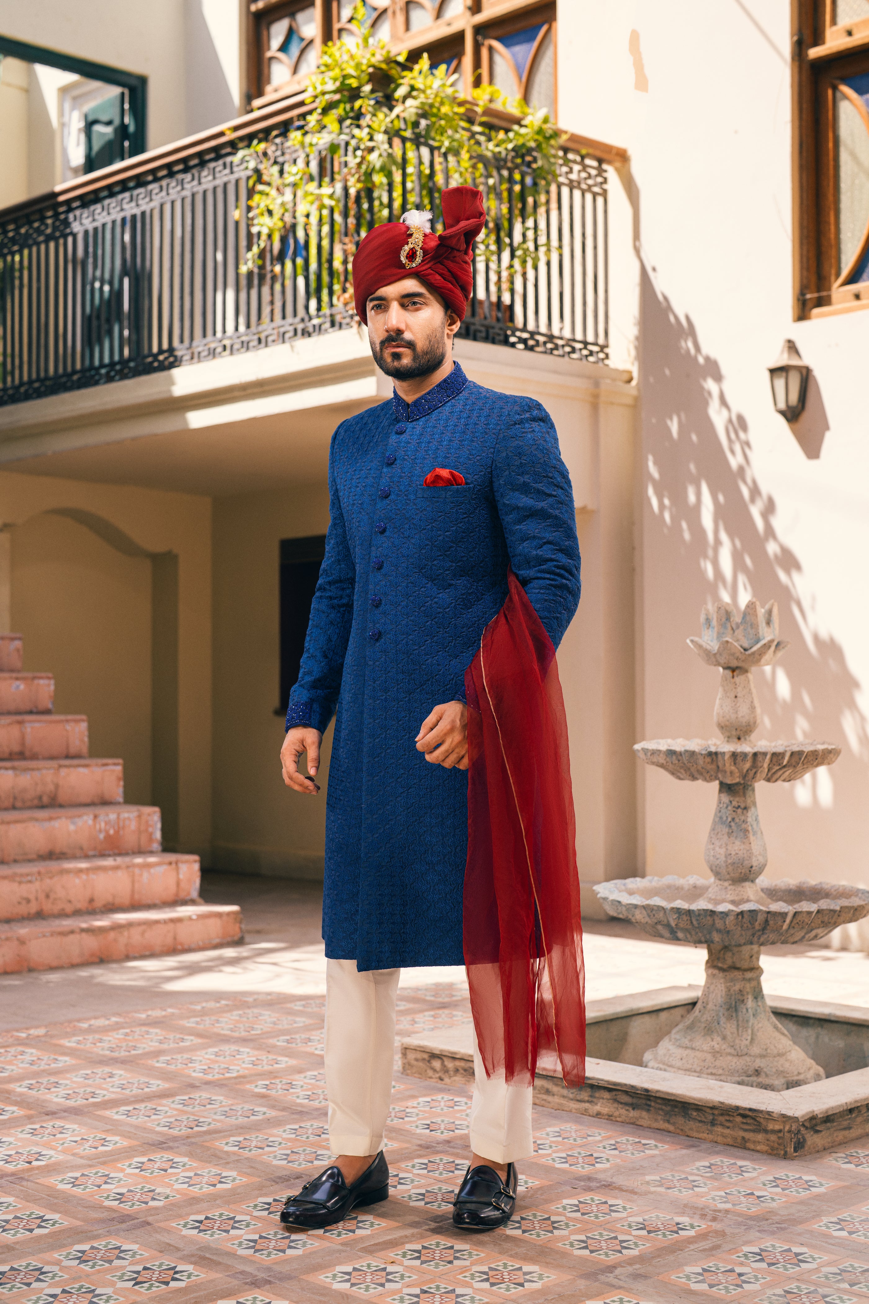 Star Blue Cut Dana Silk-Blend Groom Sherwani (3-Piece) - Image 4