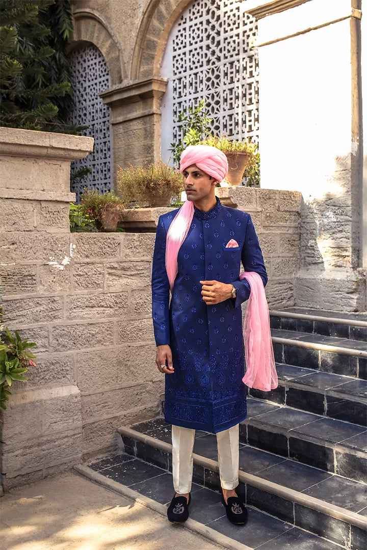 Deep Blue Cut Dana Silk-Blend Sherwani (3-Piece) - Image 2