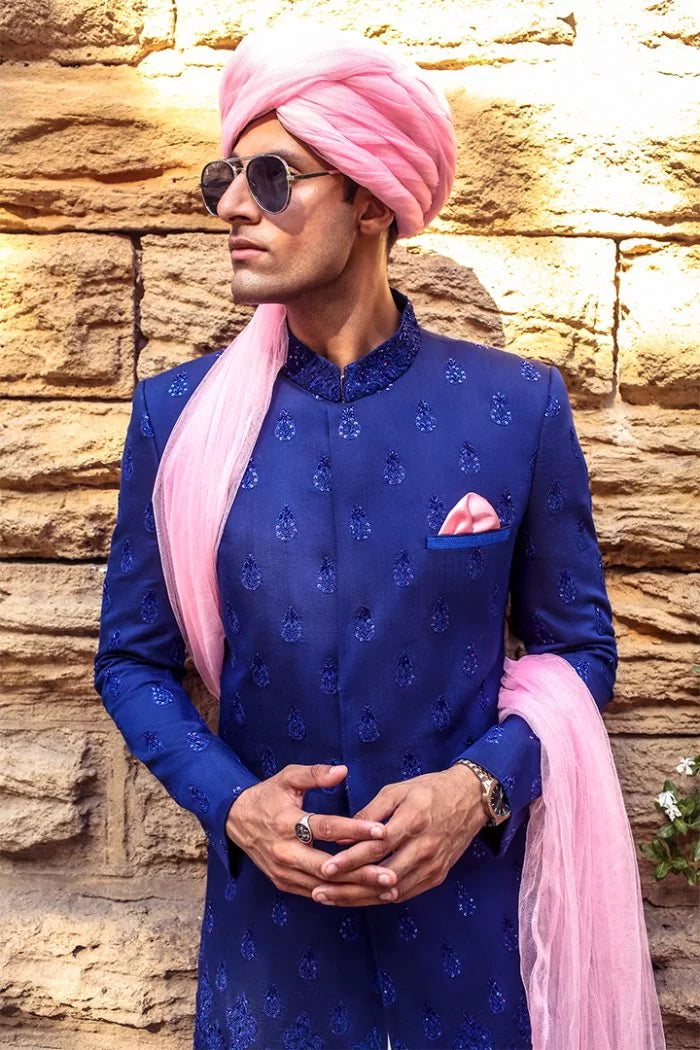 Deep Blue Cut Dana Silk-Blend Sherwani (3-Piece) - Image 4
