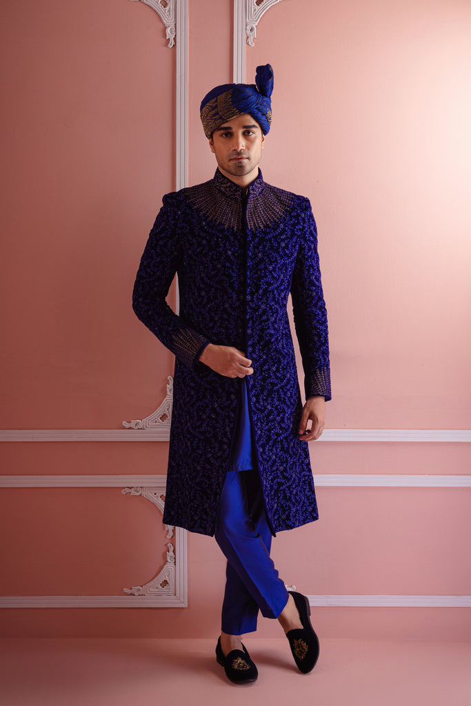 Royal Blue Cut Dana Silk-Blend Sherwani (3-Piece) - Image 1