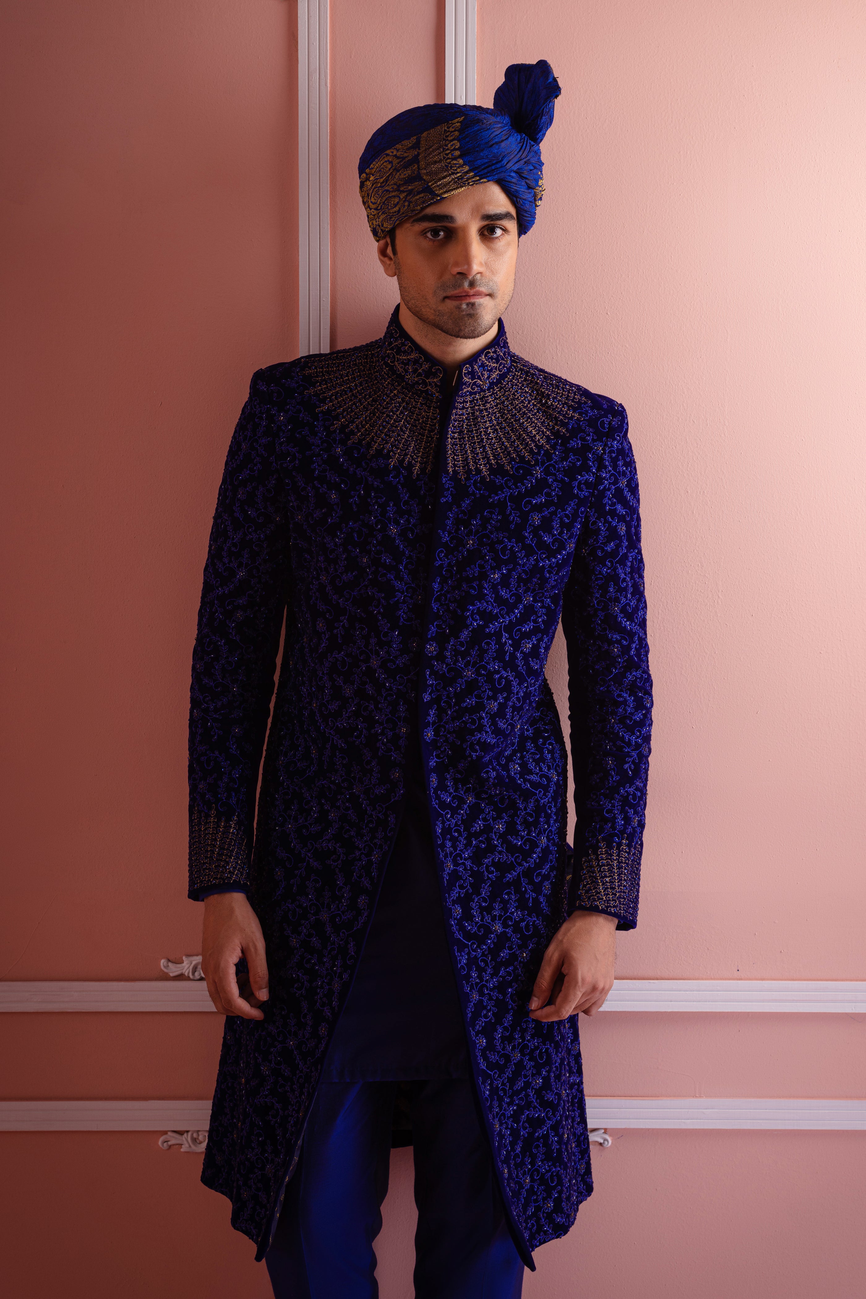 Royal Blue Cut Dana Silk-Blend Sherwani (3-Piece) - Image 3