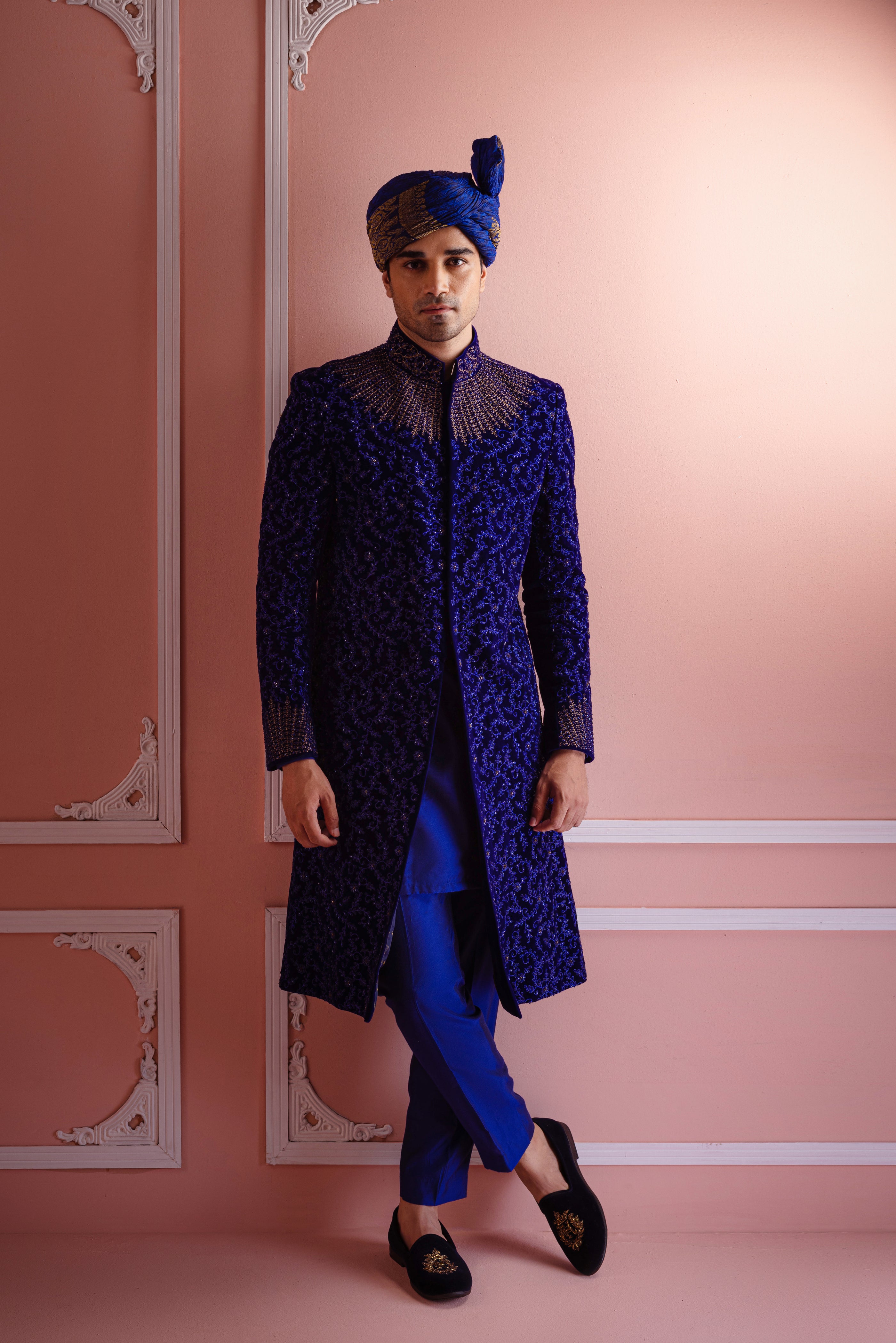 Royal Blue Cut Dana Silk-Blend Sherwani (3-Piece) - Image 6