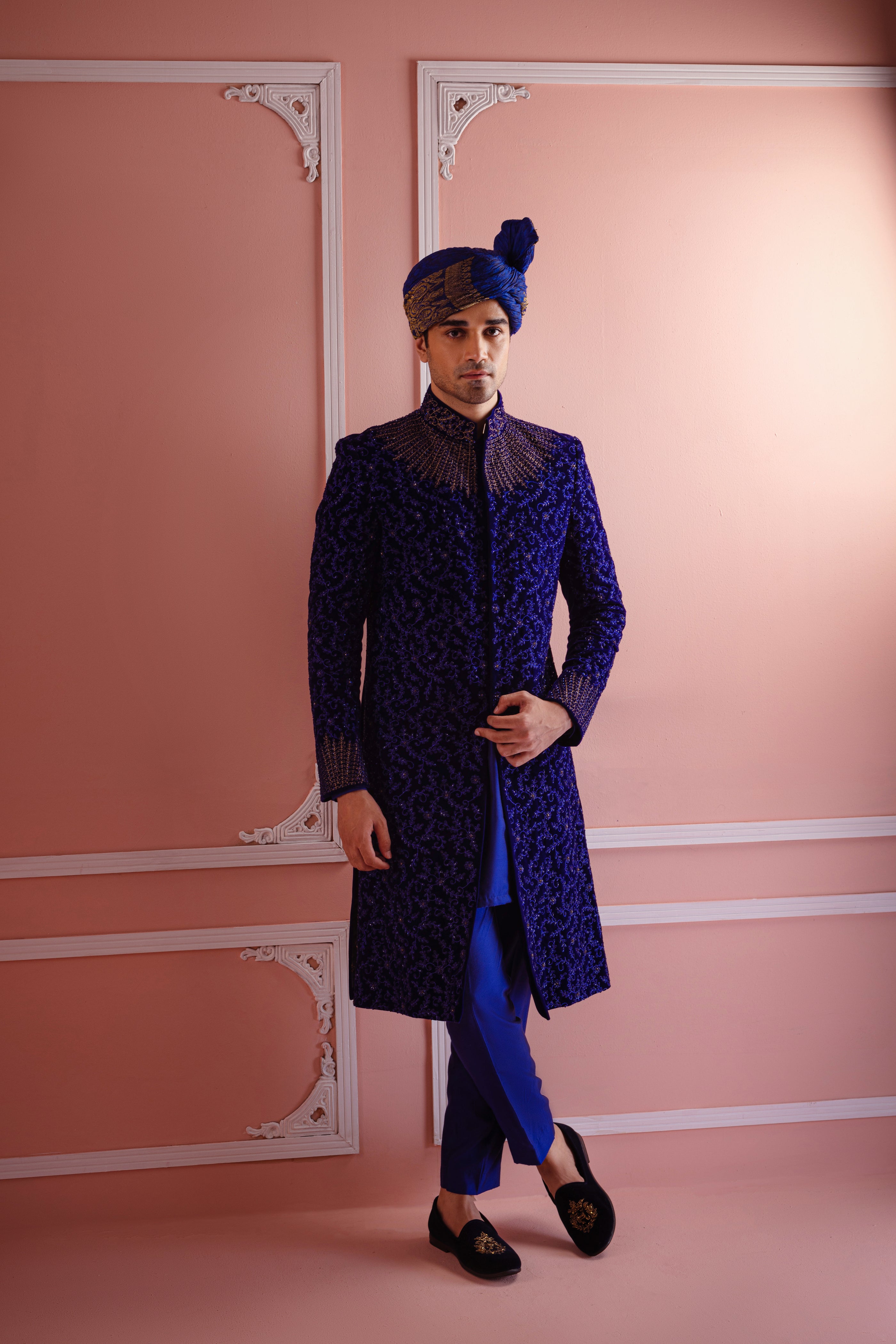 Royal Blue Cut Dana Silk-Blend Sherwani (3-Piece) - Image 7