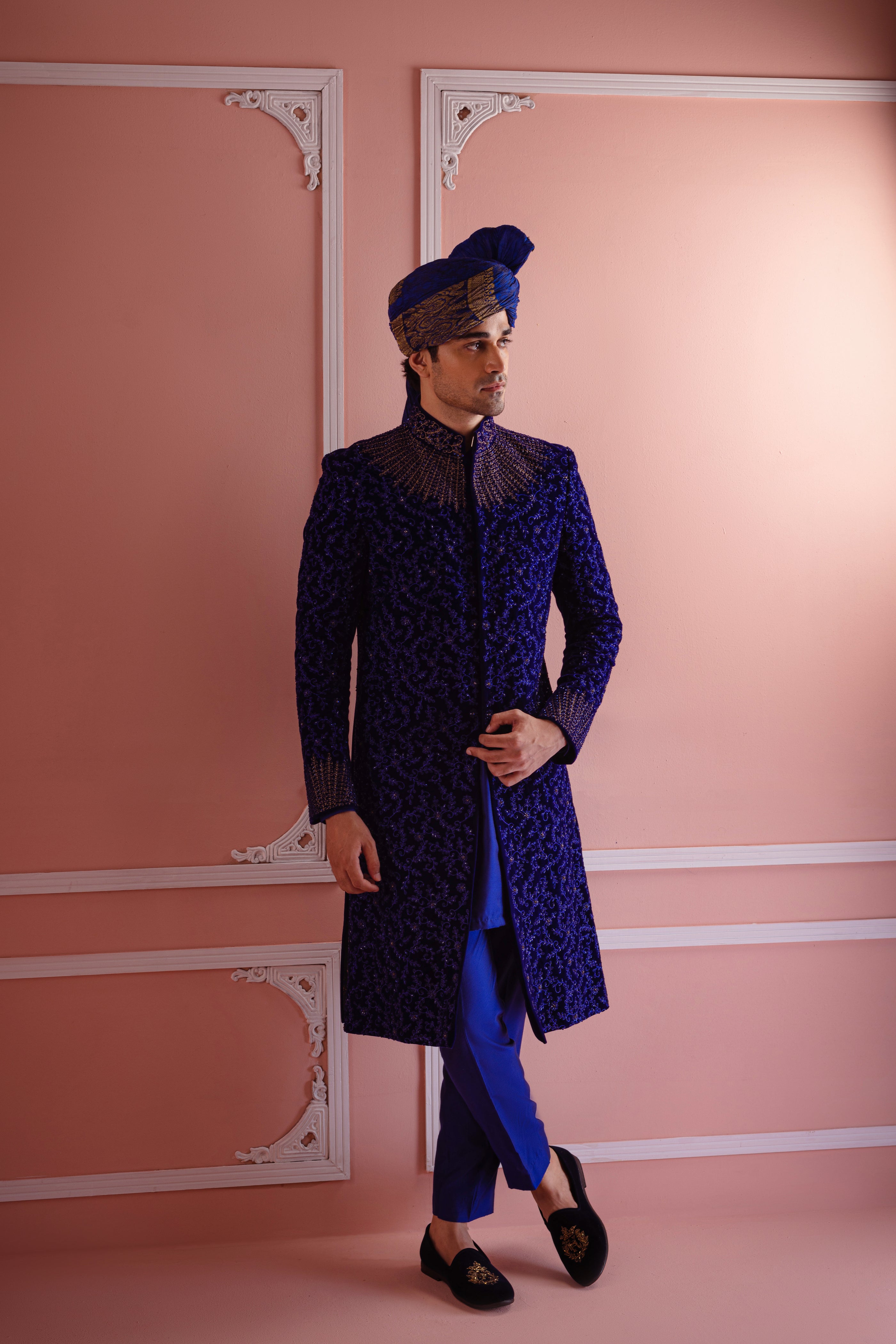Royal Blue Cut Dana Silk-Blend Sherwani (3-Piece) - Image 8