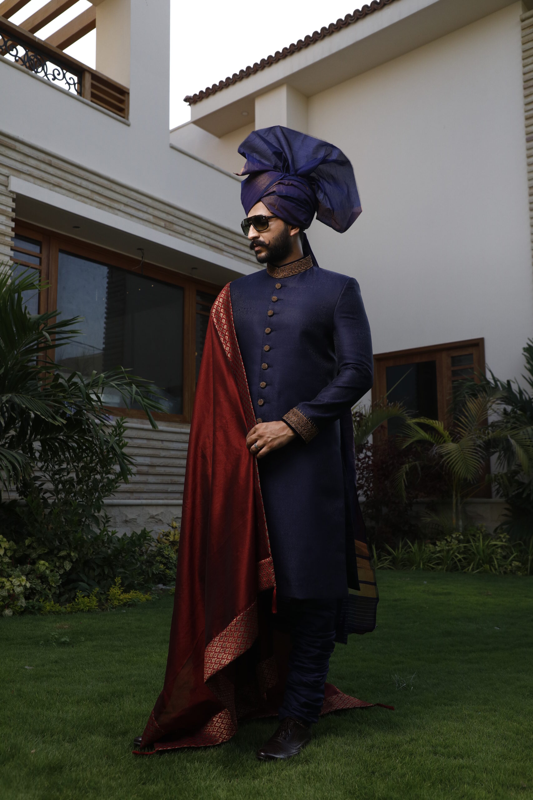 Royal Blue Embroidered Silk-Blend Groom Sherwani (4-Piece) - Image 1