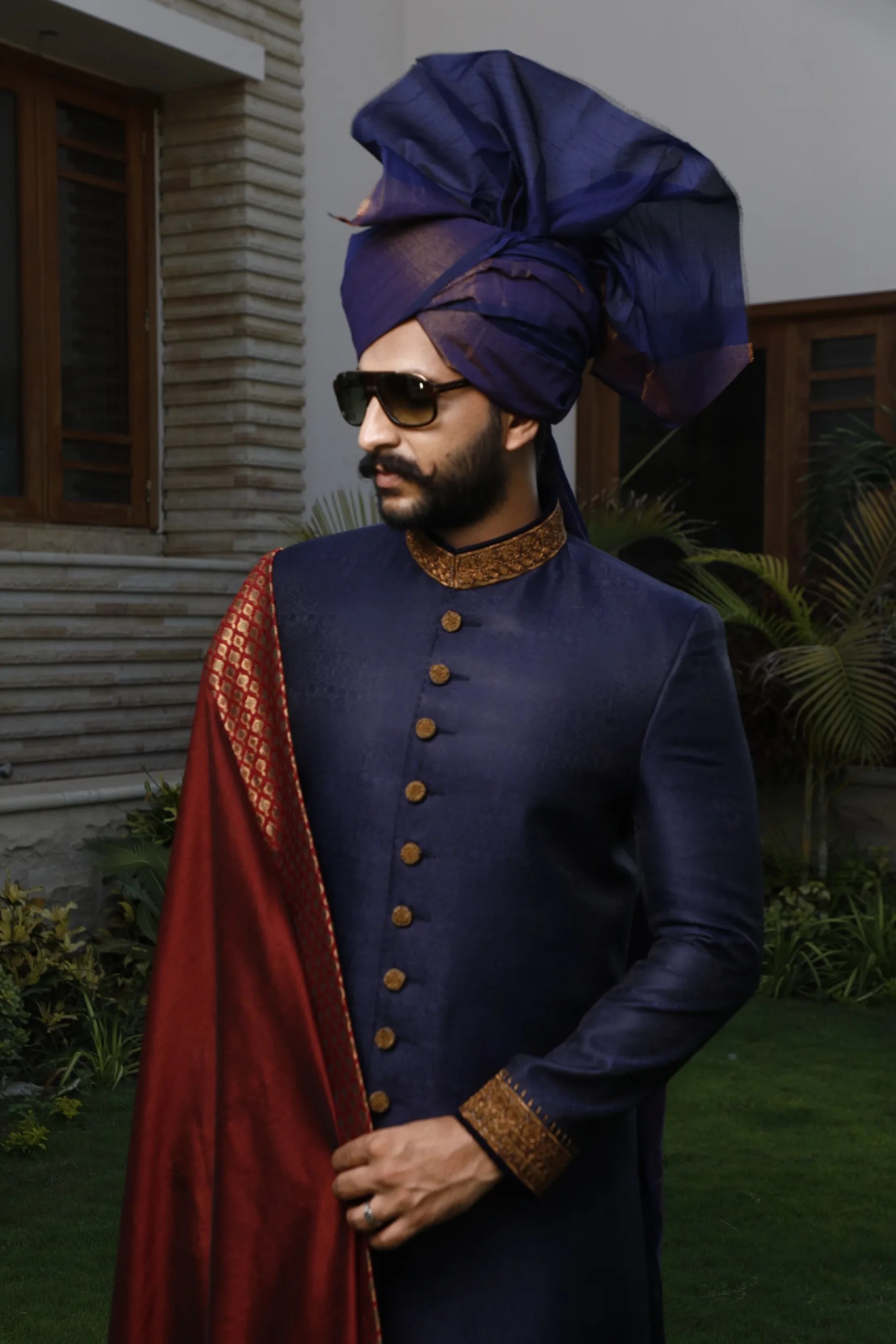 Royal Blue Embroidered Silk-Blend Groom Sherwani (4-Piece) - Image 2
