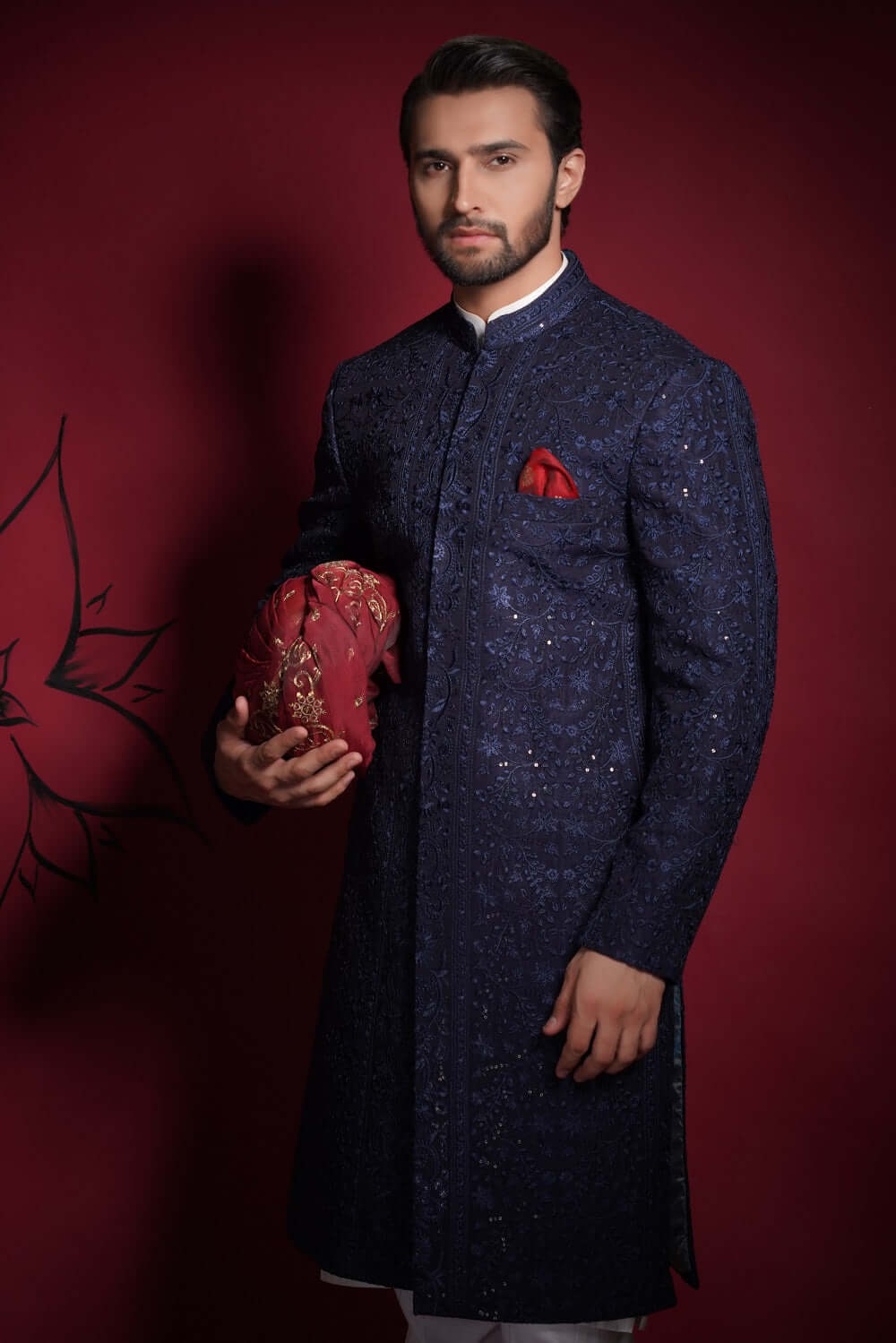 Midnight Blue Persian Embroidered Silk-Blend Sherwani (2-Piece) - Image 1